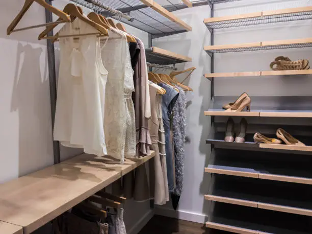A personalized walk-in closet layout with adjustable shelves and hanging rods tailored to individual wardrobe needs