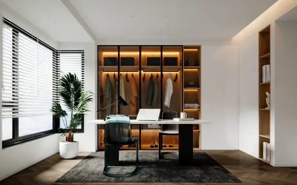 Custom closet systems in a stylish home office, showcasing KBR Closet’s transformative storage projects.