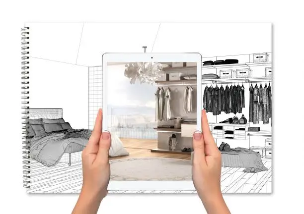 Designer planning closet systems for walk-in closets with 3D layout and material samples