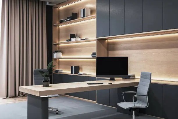 Modern home office with custom closet systems, showcasing KBR Closet’s storage solutions for enhanced productivity.