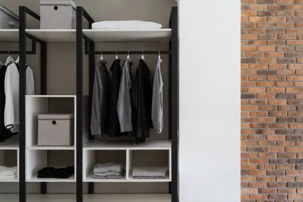 Renters’ modern temporary closet system in a rental apartment