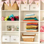 A vibrant hobby room closet with organized shelves, drawers, and pegboards for craft supplies, instruments, or sports gear.