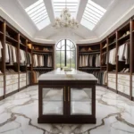 Custom closet systems for high ceilings in a stylish room