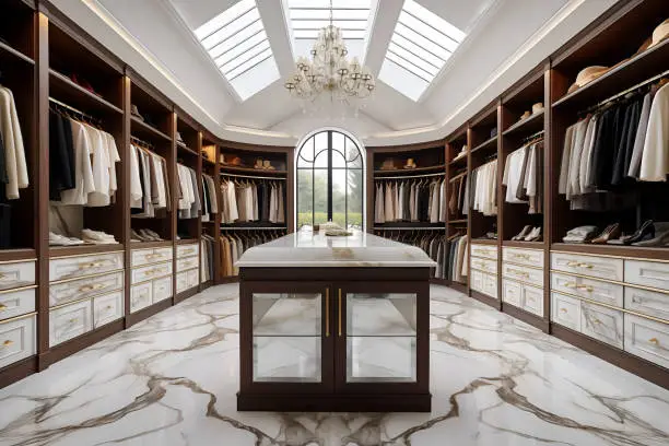 Custom closet systems for high ceilings in a stylish room