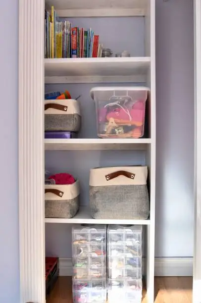A shared closet with adjustable shelves, low compartments, and zones for toys and school supplies, designed for siblings.