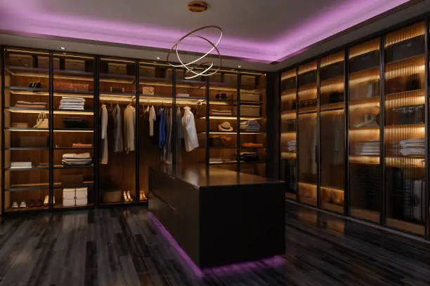 Custom closet system for luxury walk-in closets in bedroom