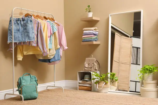 A corner closet in a studio apartment with angled shelves and rods, maximizing unused space stylishly