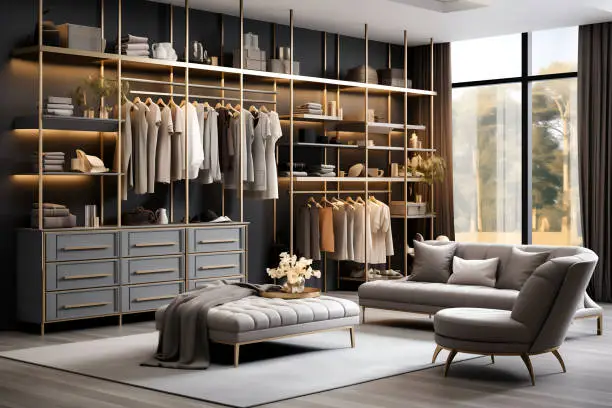 A beautifully organized wardrobe with tailored shelving and elegant finishes, enhancing a home’s aesthetic
