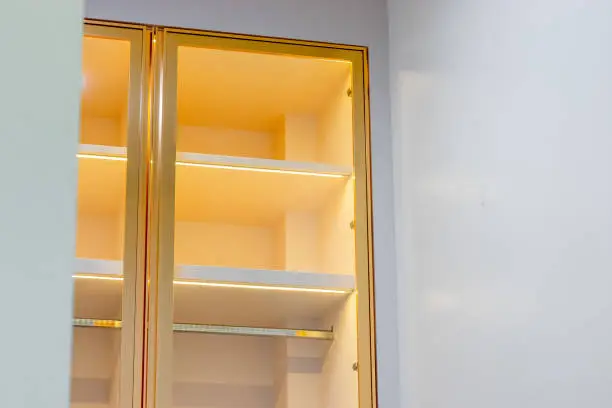 A close-up of a luxury closet with LED-lit shelves, motorized rods, and premium finishes, designed for functionality