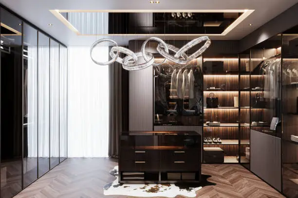 A luxurious walk-in closet with high-gloss finishes, LED lighting, and organized storage for clothes and accessories