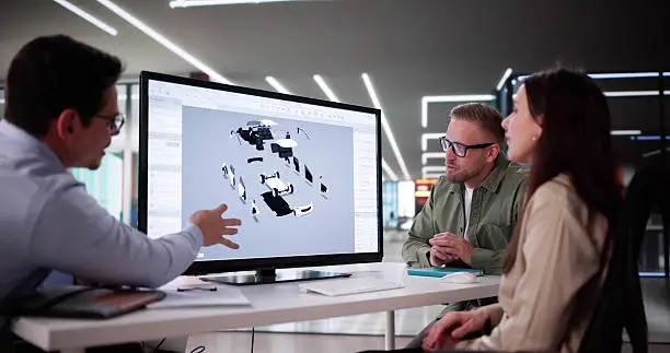 A consultation in a showroom with a designer discussing custom media center designs using 3D renderings